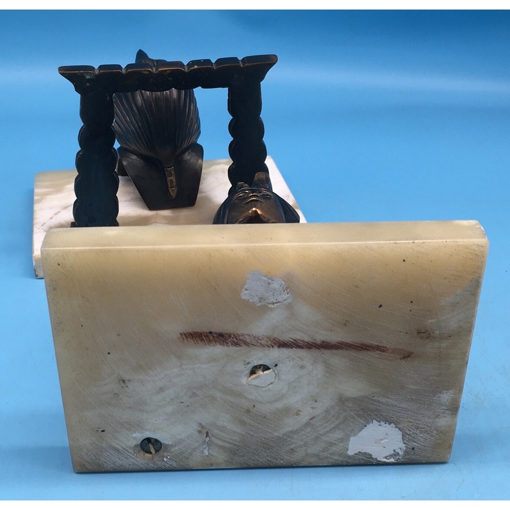 Brass Egyptian head Bookends On Blond Marble Base - Picture 6 of 10